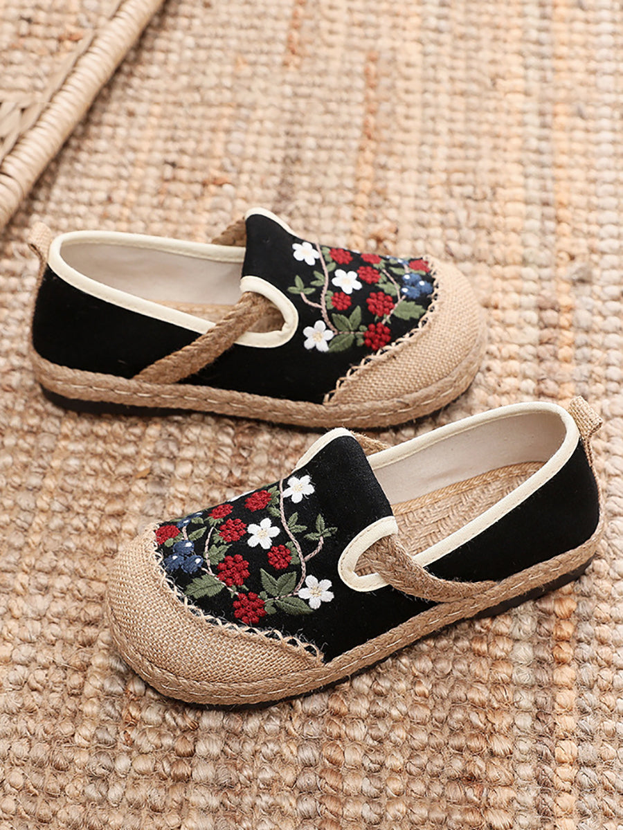 Women Ethnic Flower Embroidery Flat Linen Shoes