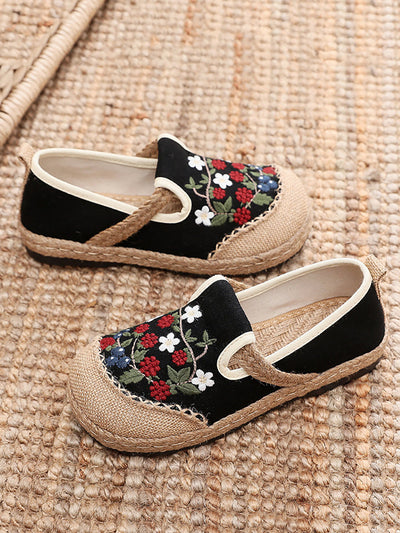 Women Ethnic Flower Embroidery Flat Linen Shoes