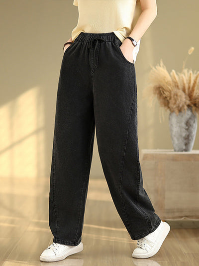 Women Casual Pure Color Denim Spliced Straight Pants