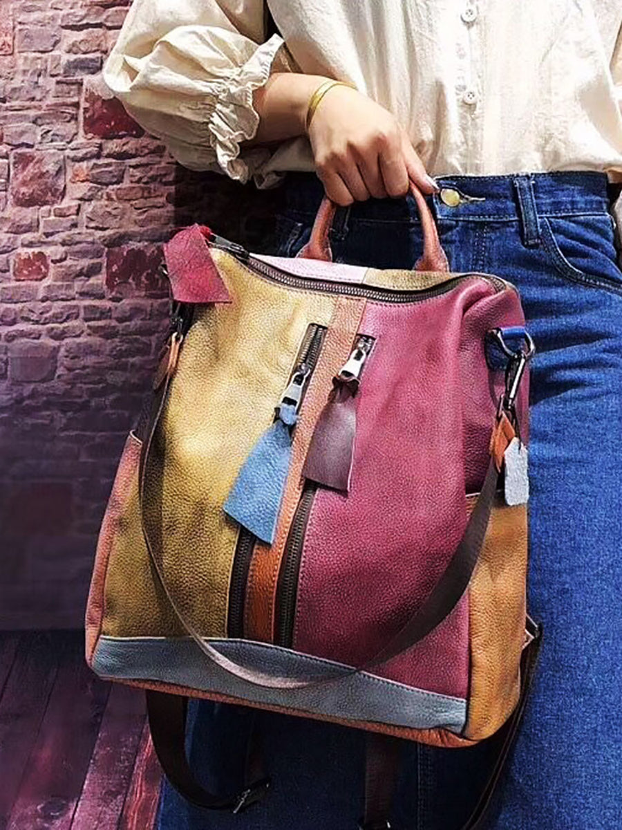Multicolor Women Leather Zipper Backpack