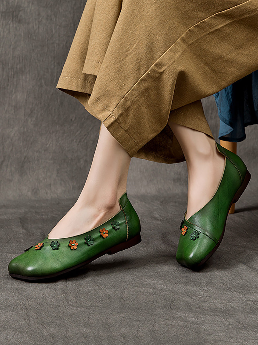 Women Vintage Summer Leather Flower Spliced Flat Shoes