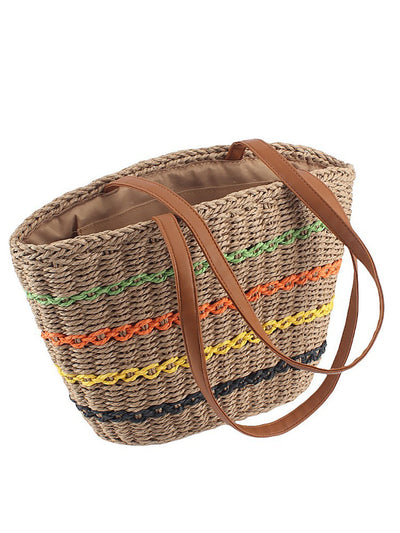 Women Fashion Colorblock Straw Weave Shoulder Bag
