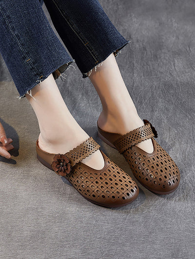 Women Casual Genuine Leather Flower Low Heel Slippers
