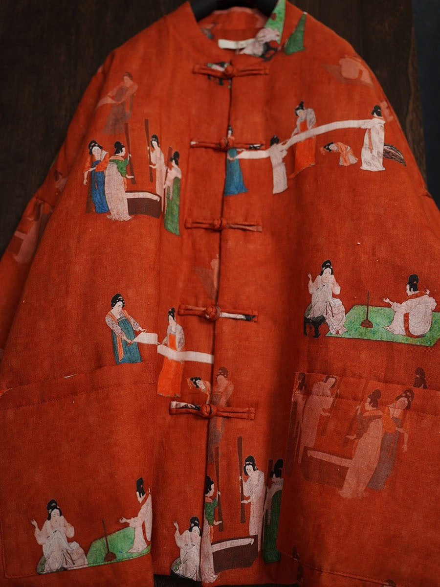 Women Ethnic Print Winter Linen Padded Coat