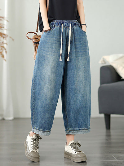 Women Casual Summer Pure Color Denim Wide-leg Pants