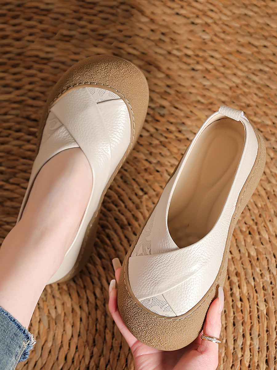 Women Summer Genuine Leather Spliced Flat Shoes
