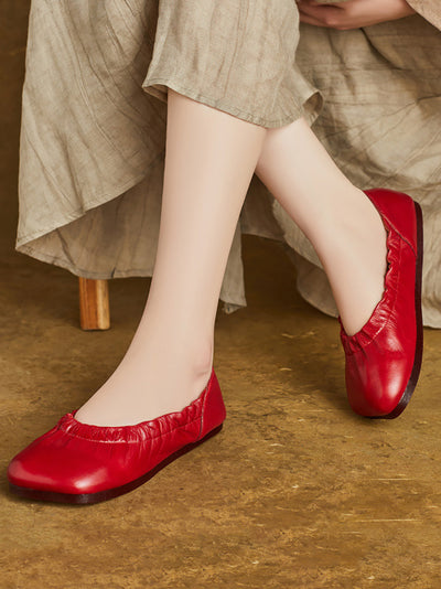 Women Summer Pure Color Soft Leather Flat Shoes