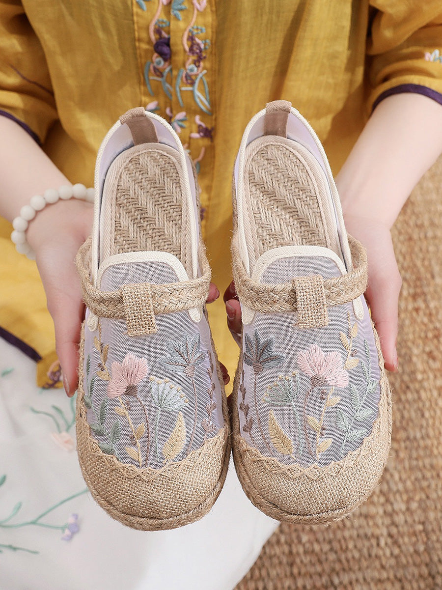 Women Ethnic Flower Embroidery Linen Shoes