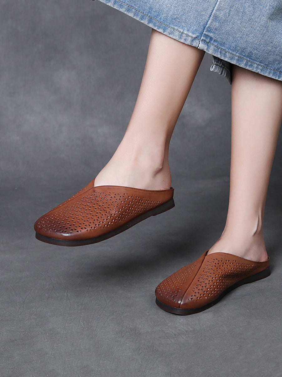 Women Summer Vintage Hollow Out Leather Flat Slippers