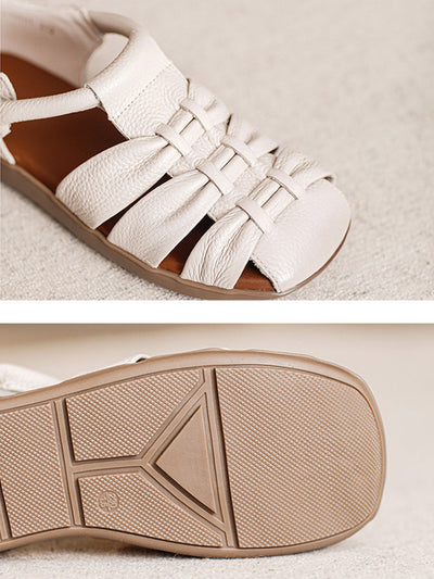 Women Genuine Leather Spliced Flat Sandals
