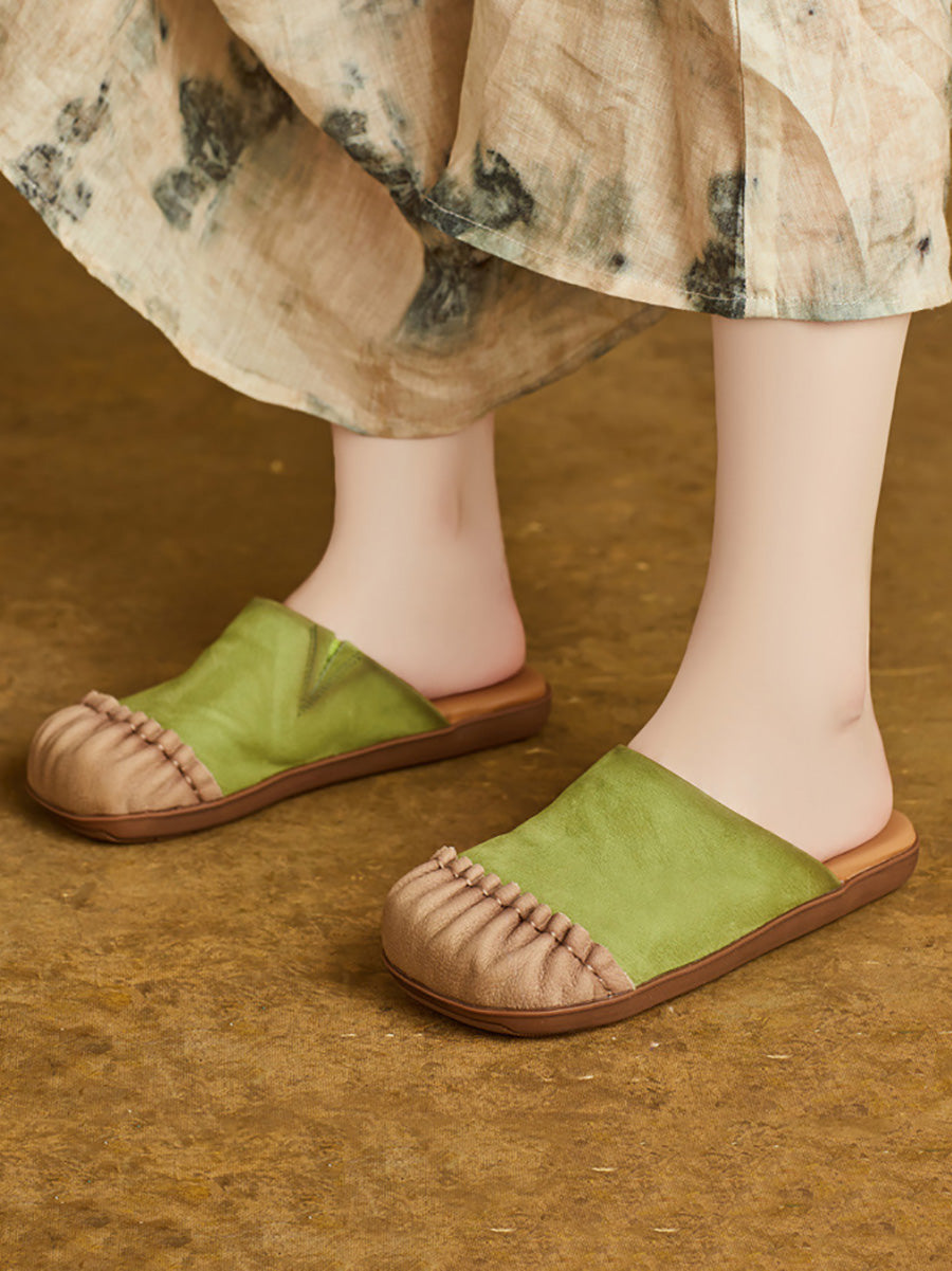 Women Casual Summer Pleated Genuine Leather Slippers