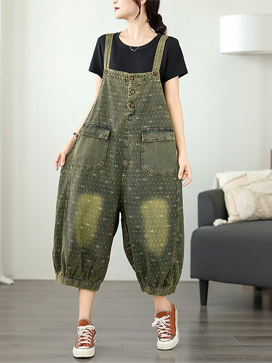 Women Summer Retro Print Denim Cropped Jumpsuits