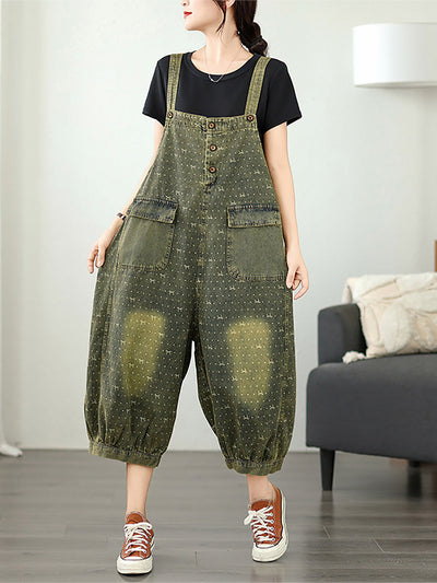 Women Summer Retro Print Denim Cropped Jumpsuits