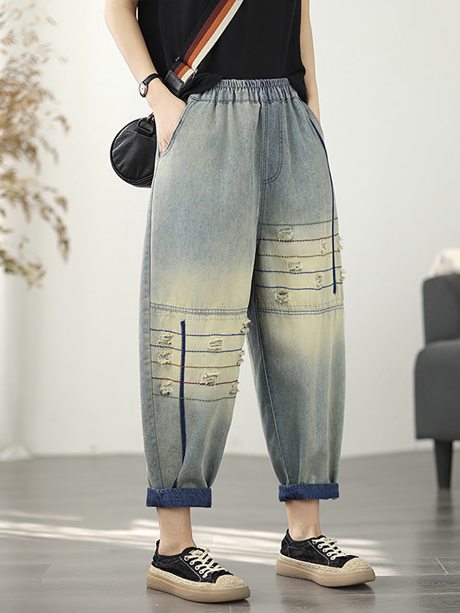 Women Retro Frayed Denim Harem Pants