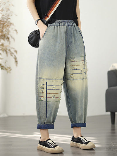 Women Retro Frayed Denim Harem Pants