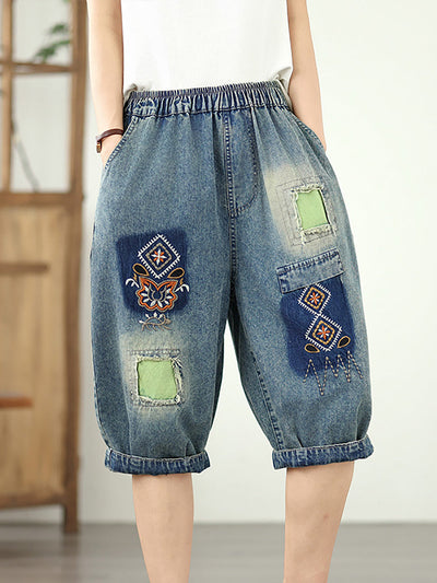 Women Retro Flower Embroidery Patchwork Denim Fifth Pants