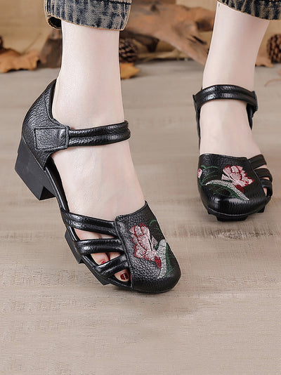 Women Summer Genuine Leather Embroidery Mid Heel Shoes