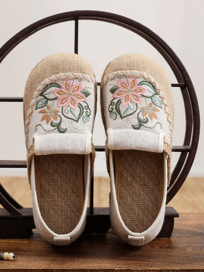 Women Summer Artsy Flower Embroidery Flat Shoes