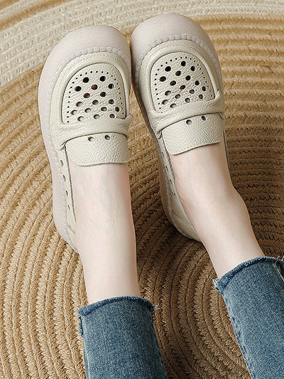 Women Summer Leather Hollow Out Flat Shoes