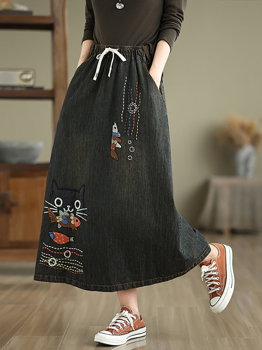 Women Spring Artsy Cat Fish Embroidery Denim Skirt