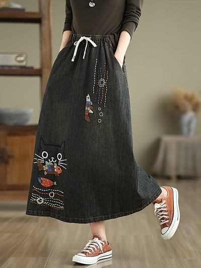 Women Spring Artsy Cat Fish Embroidery Denim Skirt