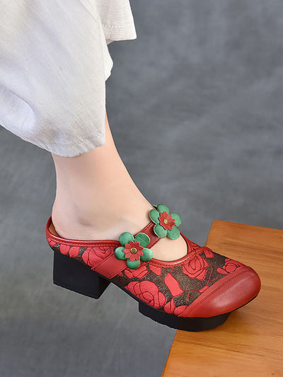Women Fashion Flower Leather Platform Slippers