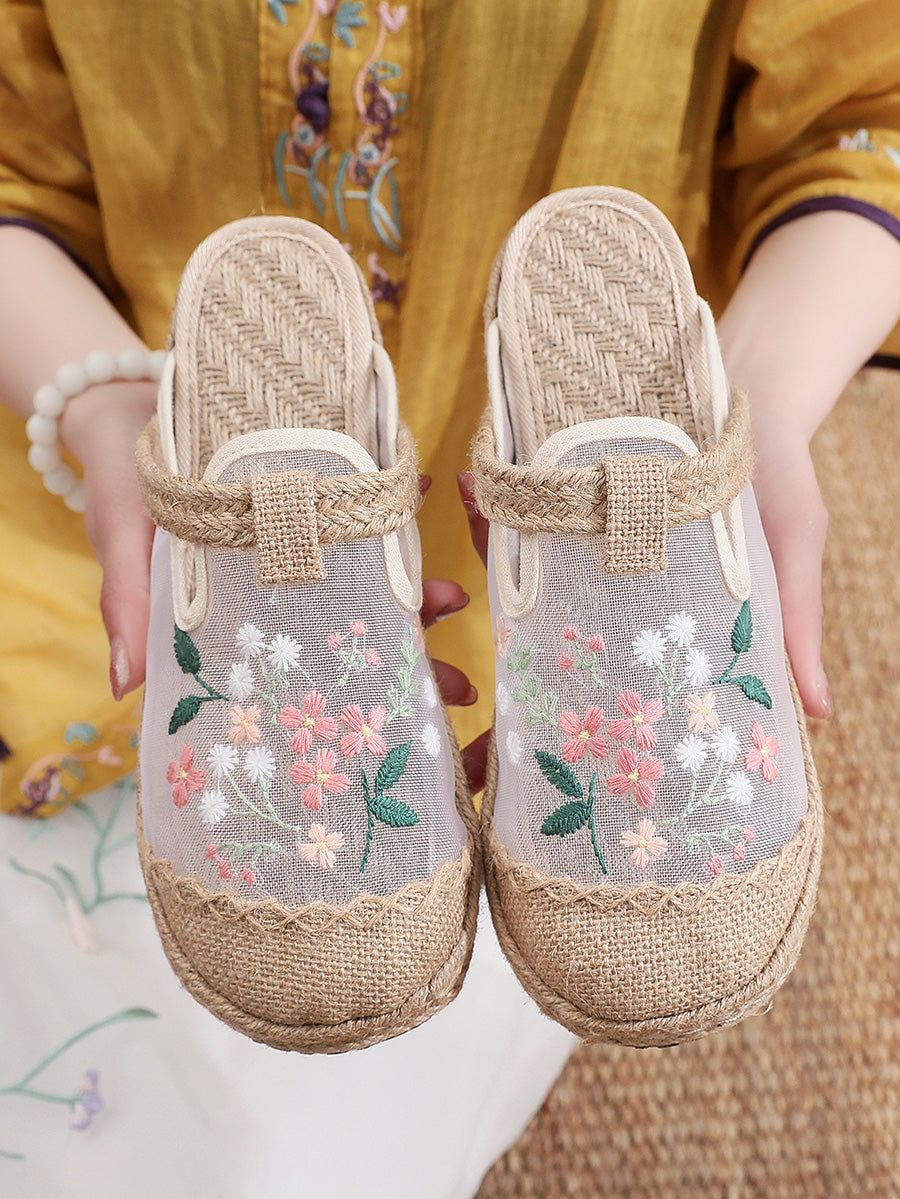 Women Summer Flower Embroidery Slippers