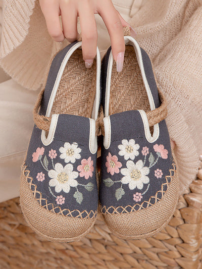 Women Ethnic Flower Embroidery Linen Flat Shoes