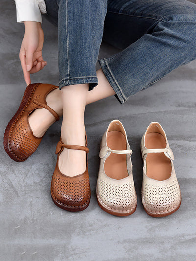 Women Ethnic Genuine Leather Hollow Out Low Heel Shoes