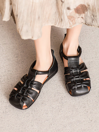 Women Genuine Leather Spliced Flat Sandals