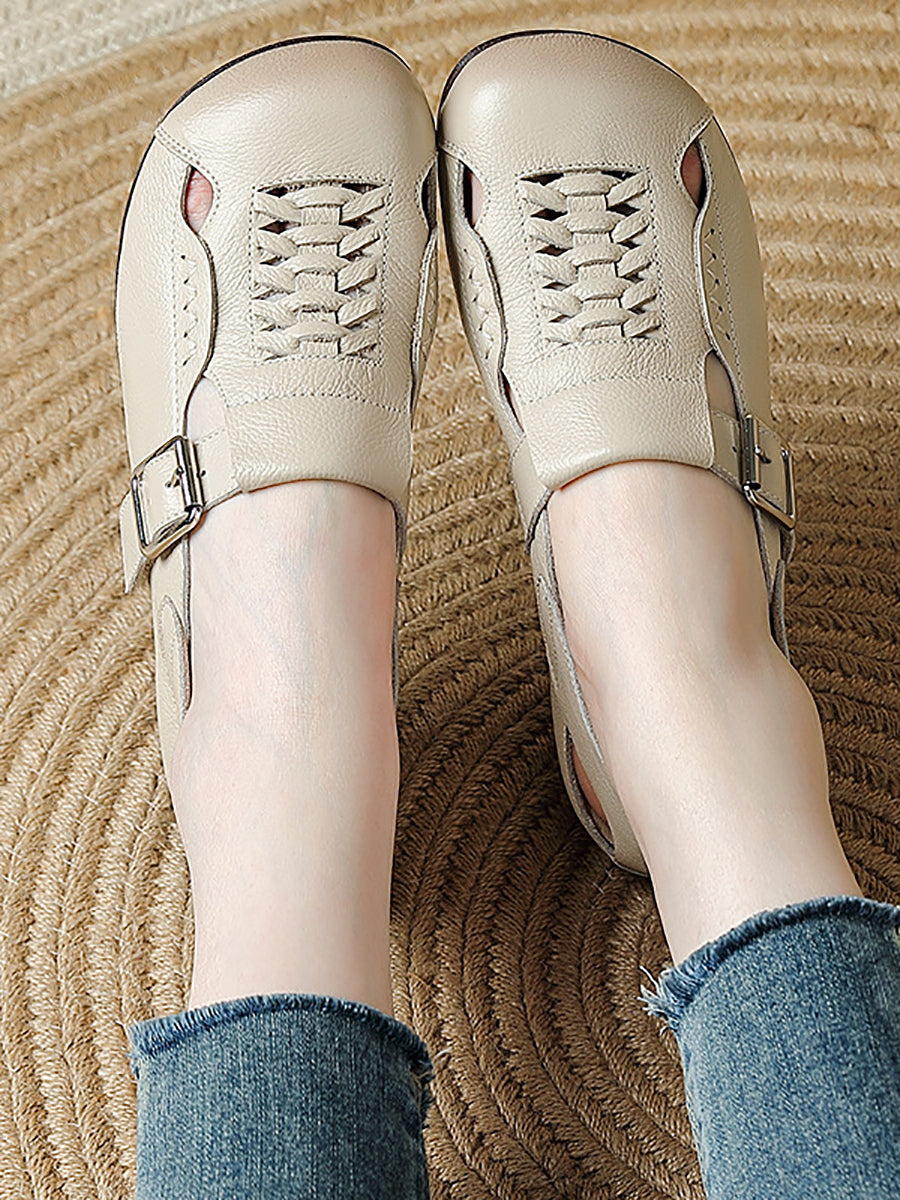 Women Summer Pure Color Leather Flat Shoes