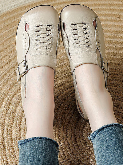 Women Summer Pure Color Leather Flat Shoes