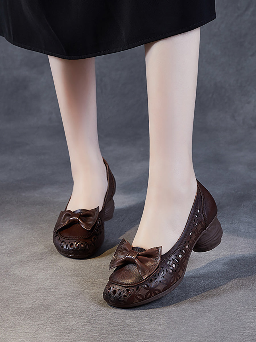 Women Summer Leather Flower Hollow Out Bowknot Shoes