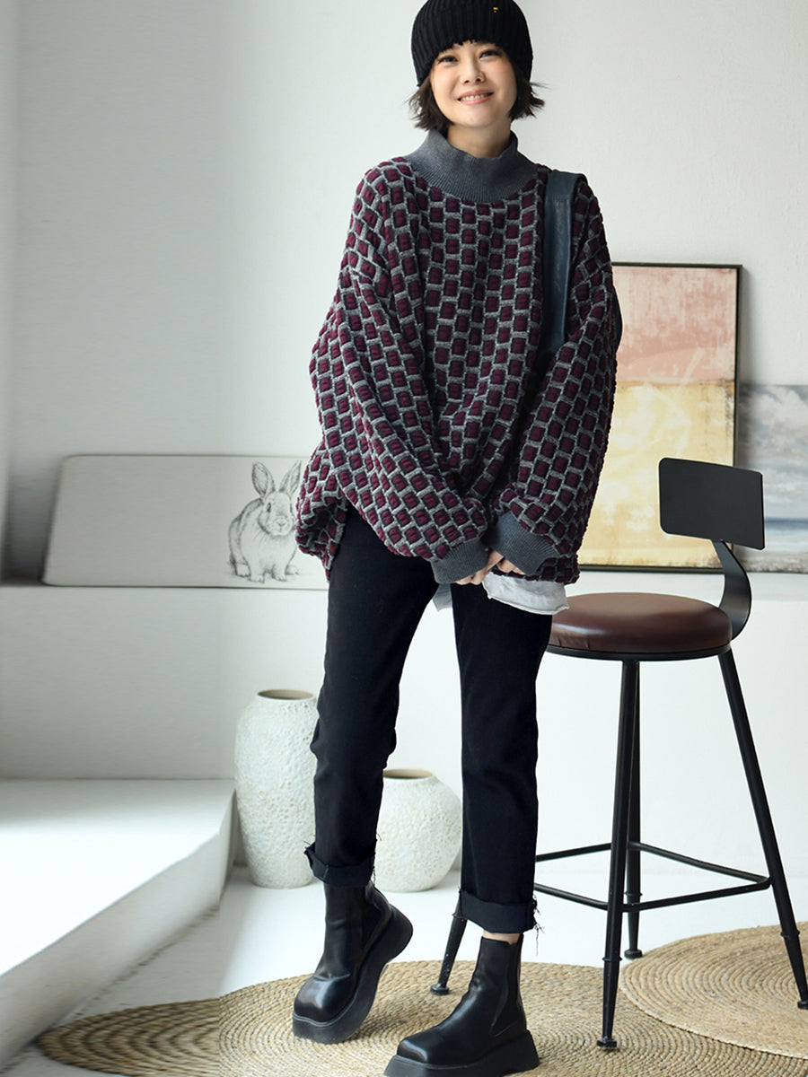 Women Artsy Plaid Fleece-lined Half-Turtleneck Blouse