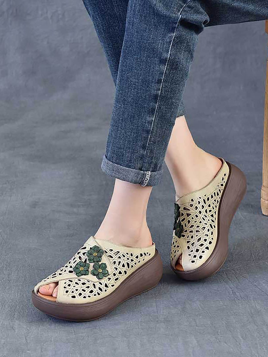 Women Ethnic Flower Leather Hollow Out Platfrom Slippers