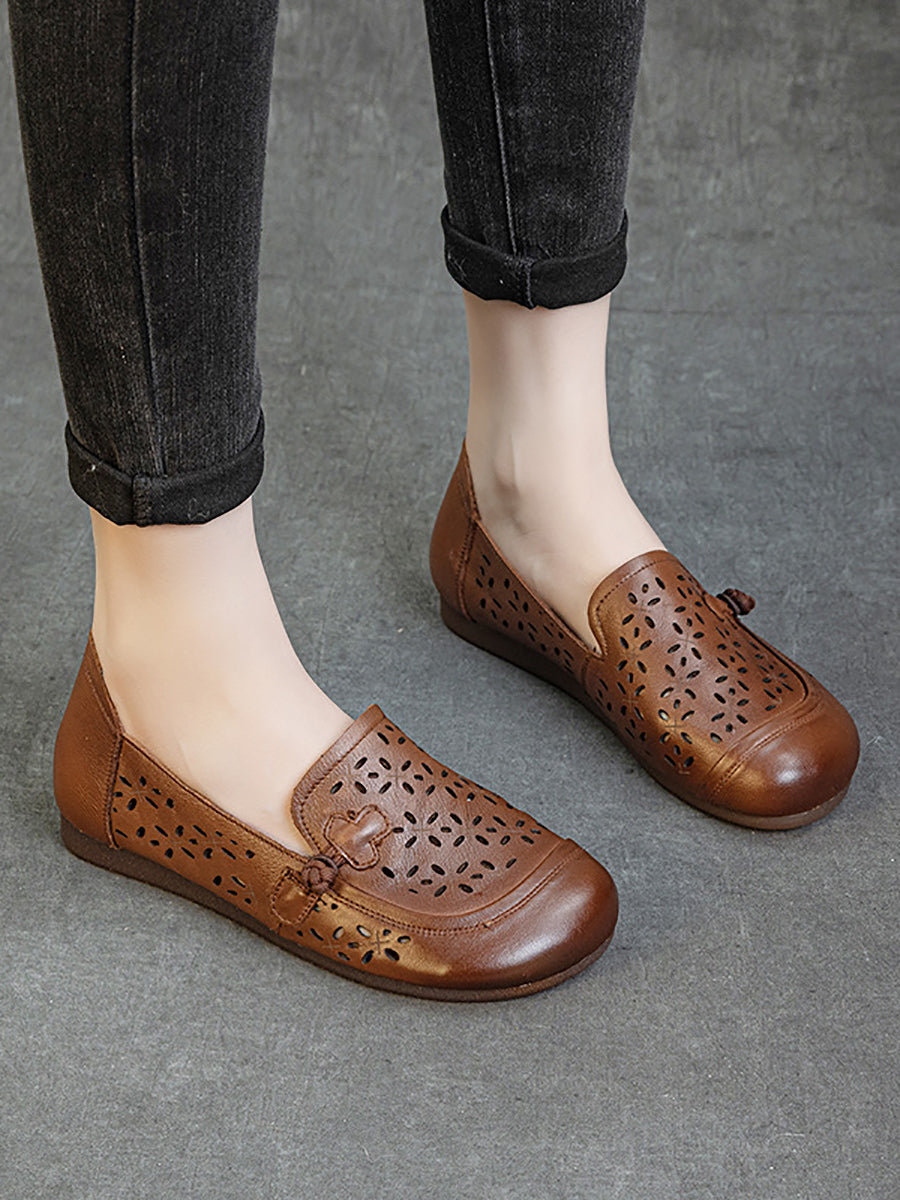 Women Vintage Genuine Leather Hollow Out Flat Shoes