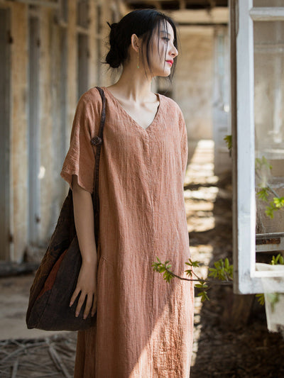 Women Summer Women Summer V-Neck Linen Dress