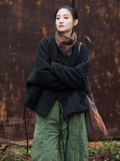 Women Winter Artsy Pure Color V-Neck Padded Coat