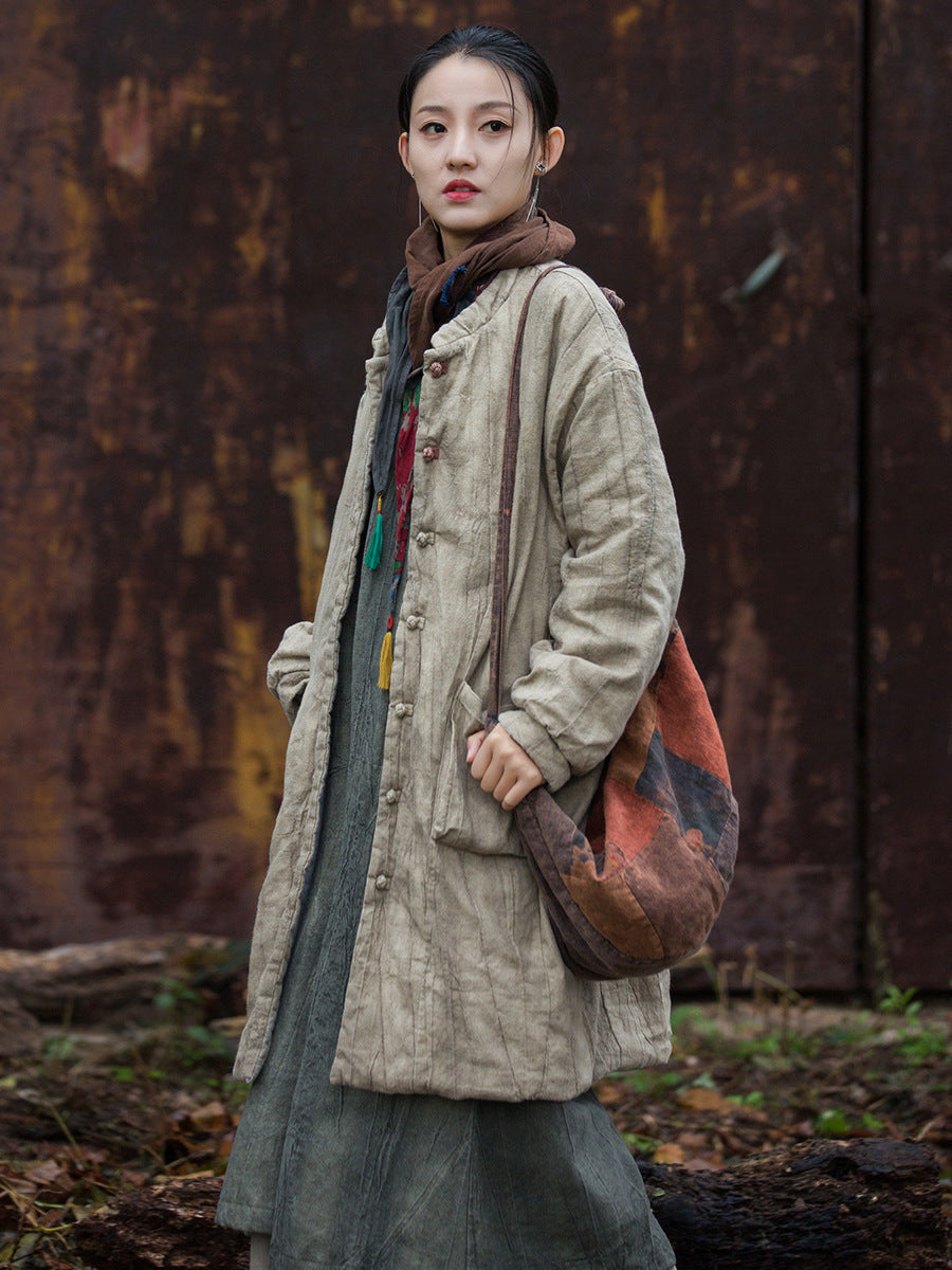 Women Winter Ethnic Solid Ramie Padded Long Coat