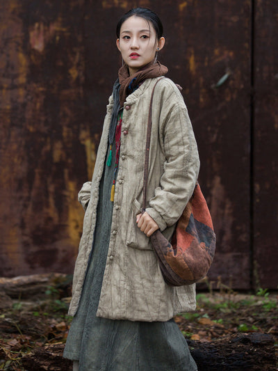 Women Winter Ethnic Solid Ramie Padded Long Coat