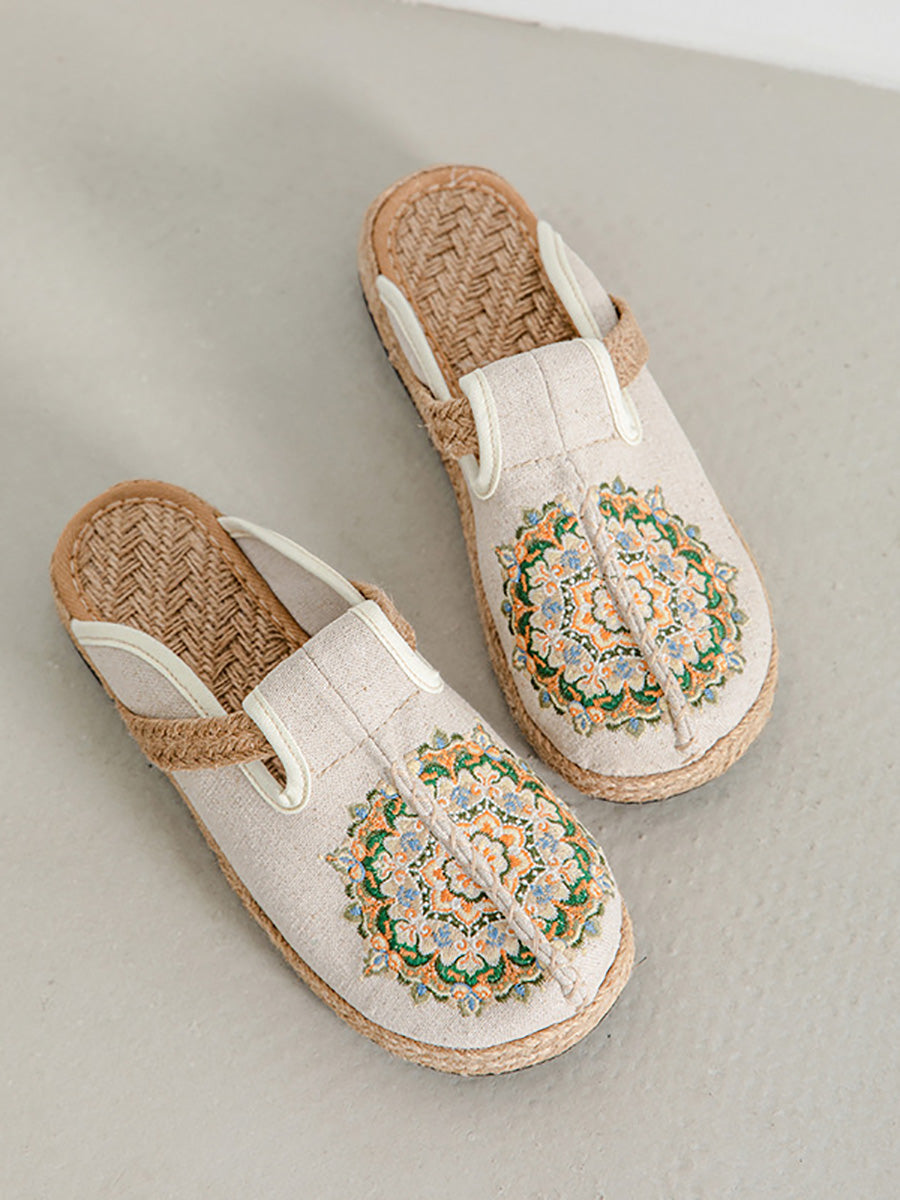 Women Summer Flower Embroidery Linen Slippers