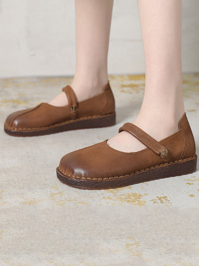 Women Vintage Leather Spliced Low Heel Flat Shoes