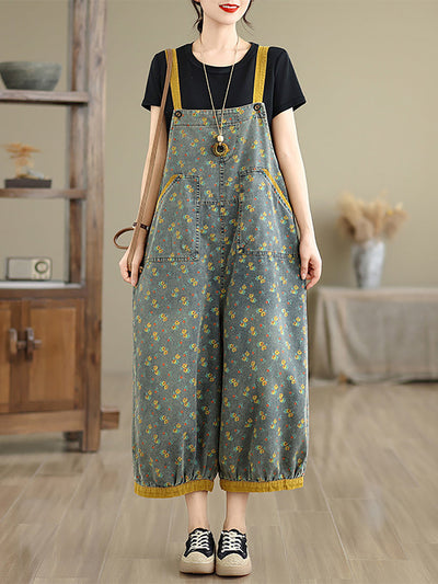 Women Summer Casual Floral Denim Wide-leg Jumpsuits