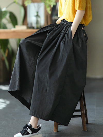 Plus Size Women Summer Solid Pleat Button Pocket Wide-leg Pants