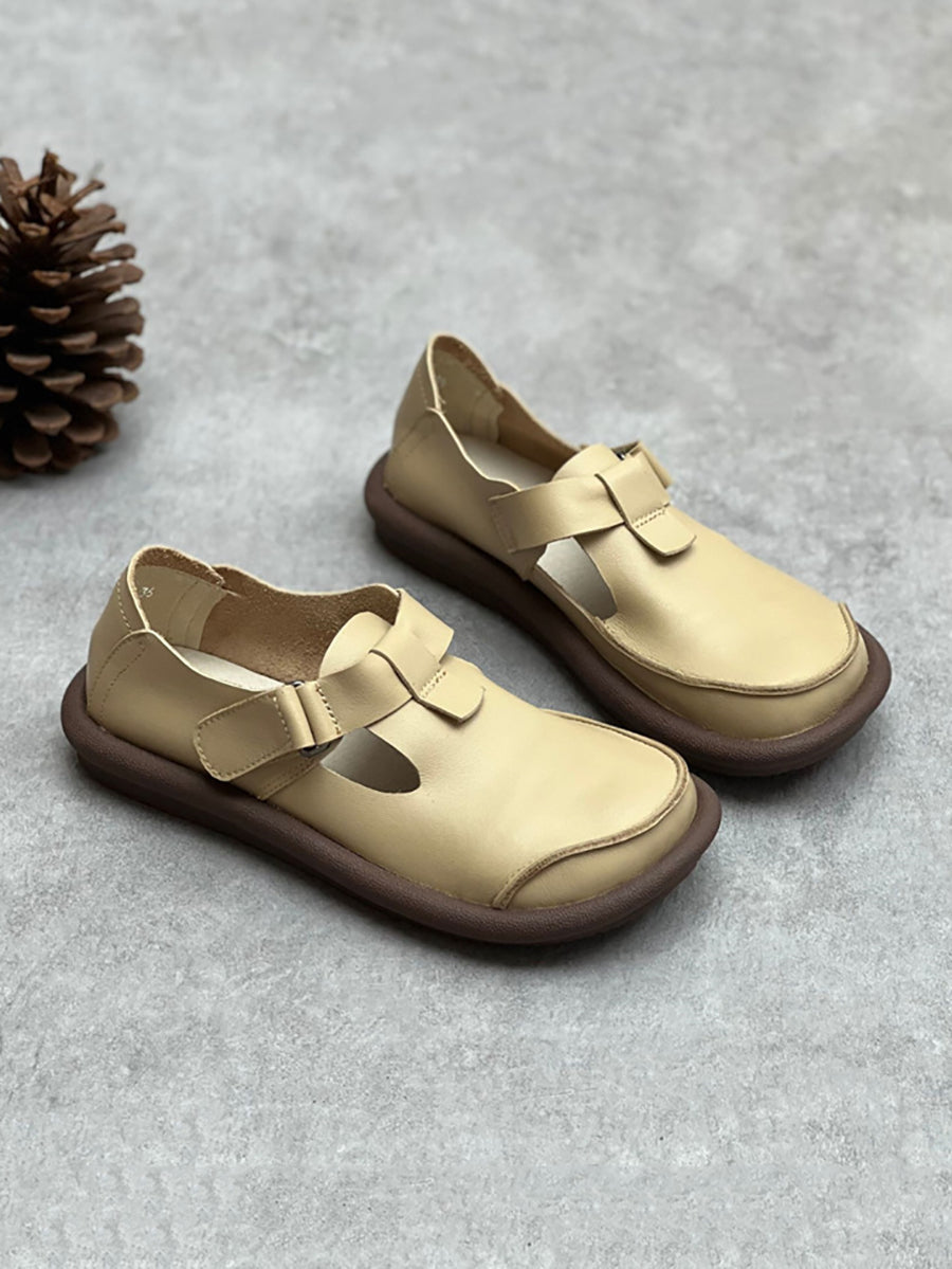 Women England Style Soft Leather Solid Flat Shoes