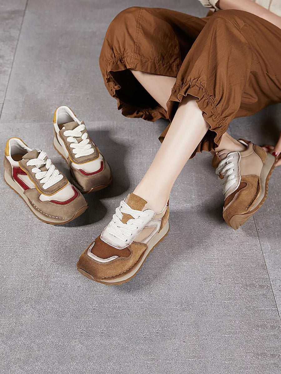 Women Vintage Colorblock Leather Platform Shoes