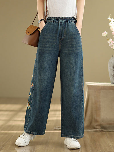 Women Retro Embroidery Denim Wide-leg Pants