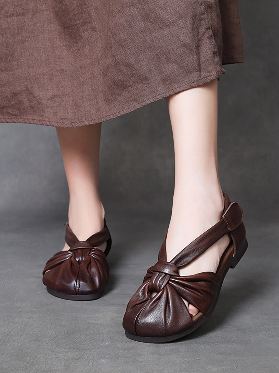 Women Summer Vintage Genuine Leather Spliced Sandals