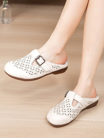 Women Vintage Genuine Leather Hollow Out Low Heel Shoes