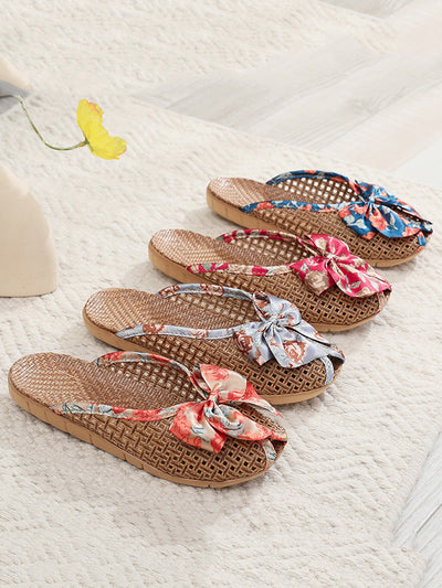 Women Ethnic Straw Weave Flower Bowknot Indoor Slippers